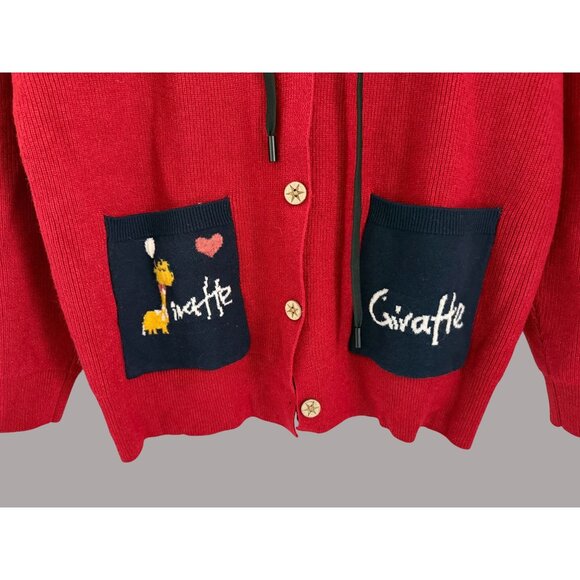 Vintage Red Knit Cardigan With Blue Hood & Giraffe Embroidered Pockets - Picture 2 of 4